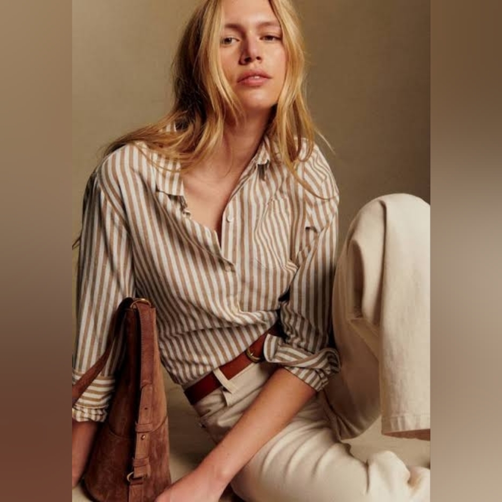 Sézane Tomboy Shirt in Tan Stripe Linen